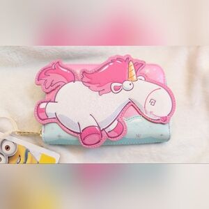loungefly minions Fluffy Unicorn Rainbow Glitter Zip Around Wallet nwt